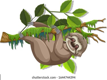 Pereza recortada colgando de la rama en la ilustración de fondo blanco