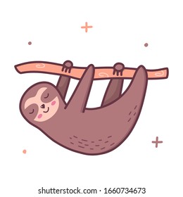 Cute sloth hanging on a branch. Kawaii cartoon character isolated on a white background. Vector illustration.
