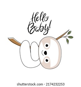 Cute sloth is hanging on a branch. Hand-drawn inscription Hello baby. Quote and funny symbol on a white background. Postcard, Baby shower card, poster, nursery decoration, T-shirt design with print.