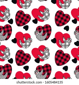 
Cute sloth hanging on a checkered heart. Vector seamless pattern. Cartoon style.