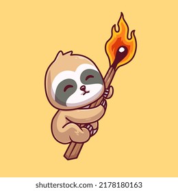 Cute Sloth Hanging On Fire Torch Lighter Cartoon Vector Icon Illustration. Animal Nature Icon Concept Isolated Premium Vector. Flat Cartoon Style