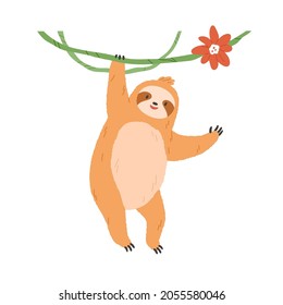 Cute sloth hanging on liana branch. Happy lazy animal waving with paw. Funny slow character smiling and saying hello, gesturing hi. Colored flat vector illustration isolated on white background