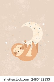 Cute sloth hanging on the moon. Baby illustration for posters, fabric prints, baby cards. Vector.