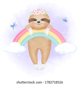 
Cute sloth hanging on rainbow and birds hand drawn animal watercolor illustration