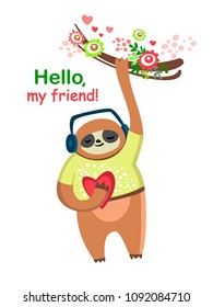 cute sloth hanging on the tree with heart