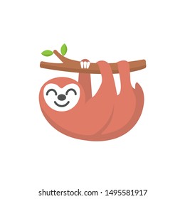 Cute sloth hanging on tree branch vector, icon on a white background
