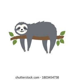 Cute sloth hanging on a tree branch. Flat hand drawn illustration. Cartoon animal characters. Wild american rainforest, jungle animal vector. Creative childish t shirt print design.