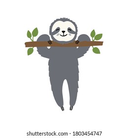 Cute sloth hanging on a tree branch. Flat hand drawn illustration. Cartoon animal characters. Wild american rainforest, jungle animal vector. Creative childish t shirt print design.