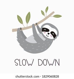 Cute sloth hanging on a tree branch and lettering- Slow down. Cartoon animal character. Vector illustration. Print for posters, textiles, t-shirts, sweatshirts.