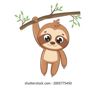 Cute sloth hanging on a tree branch.Cartoon vector illustration.