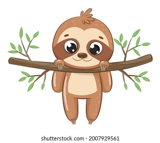 Cute sloth hanging on a tree branch.Cartoon vector illustration.