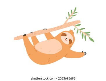 Cute Sloth Hanging On Tree Branch. Funny Lazy Baby Animal Gesturing And Waving With Paw, Saying Hello. Happy Sweet Slow Character. Flat Vector Illustration Isolated On White Background