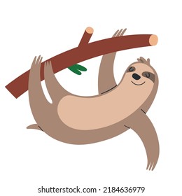 Cute Sloth Hanging On A Tree Branch, Funny Smiling Tropical Mammal Illustration, Slow Sloth In Rainforest, Vector Clipart Isolated On White Background