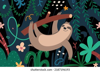 Cute sloth hanging on a tree branch in green rainforest with palms and lianas, adorable jungle animal, lazy tropic mammal, tropic scenery, vector hand drawn art, childrens illustration