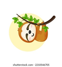 Cute sloth hanging on tree cartoon icon illustration