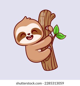 Cute Sloth Hanging On Tree Cartoon Vector Icon Illustration. Animal Nature Icon Concept Isolated Premium Vector. Flat Cartoon Style