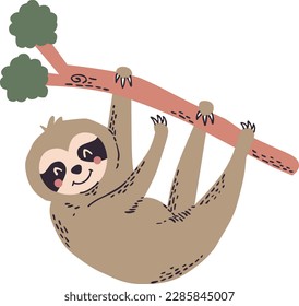 The cute sloth is hanging on the tree. Vector illustration.