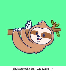 Cute Sloth Hanging on Tree With Peace Hand Cartoon Vector Icon Illustration. Animal Nature Icon Concept Isolated Premium Vector. Flat Cartoon Style