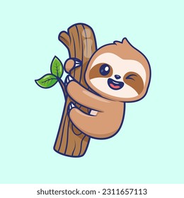 Cute Sloth Hanging On Tree Cartoon Vector Icon Illustration. Animal Nature Icon Concept Isolated Premium Vector. Flat Cartoon Style