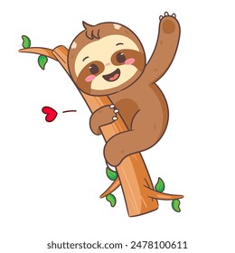 Cute Sloth Hanging on Tree Cartoon waving hand Character. Adorable and Kawaii Animal Concept Design. Icon Mascot Vector Illustration