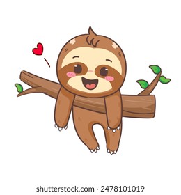 Lindo perezoso colgando en el árbol Caricatura personaje. Adorable y Kawaii Animal Concept Design. Ilustración vectorial de mascota de iconos