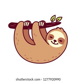 Cute sloth hanging from tree branch. Funny hand drawn cartoon character vector illustration.