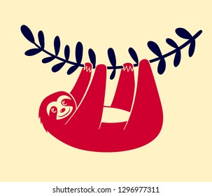 Cute sloth hanging from a tropical tree. Lazy slow sloth animal. Jungle or zoo funny character vector illustration. Nature forest animal design.