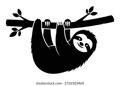 Cute sloth hanging upside down from tree branch, relaxing tropical animal, black silhouette.