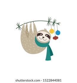 Cute sloth hangs on a branch Christmas or New Year greeting card vector ilustration isolated on white background. Funny cartoon character for print or poster decoration.