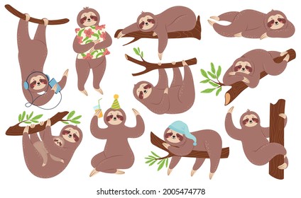 Cute sloth. Happy lazy sloths sleeping, hanging on branch, listening to music. Funny slothful animals in various poses Cartoon vector set. Character with baby, player, cocktail and pillow