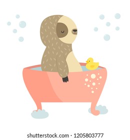 Cute sloth having a bath. Animal design. Suitable for prints, greeting cards