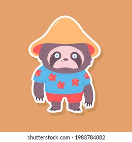 Cute Sloth In Hawaiian Shirt And Shorts Vector Sticker Illustration Isolated On Background.