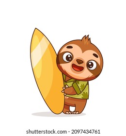 A cute sloth in a Hawaiian shirt is standing and holding a surfboard. Postcard in children's cartoon style. Vector illustration for designs, prints and patterns. Vector illustration