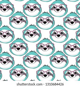 Cute sloth head seamless pattern on a white background