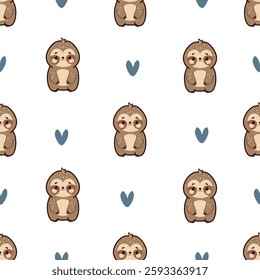 Cute sloth and heart seamless pattern on white background. Cartoon animal background. For wallpaper, wrapping, nursery, fabric, textile etc. vector illustration