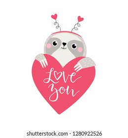 Cute sloth with heart and text I love you. Valentines day card.