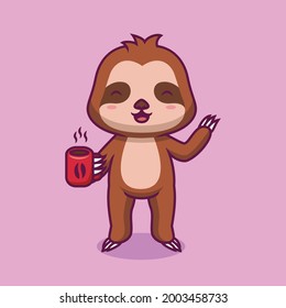 Cute sloth hoding hot coffee cup cartoon illustration The Concept of Isolated Technology. Flat Cartoon Style Suitable for Landing Web Pages, Banners, Flyers, Stickers, Cards