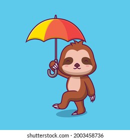 Cute sloth hoding umbrella cartoon illustration The Concept of Isolated Technology. Flat Cartoon Style Suitable for Landing Web Pages, Banners, Flyers, Stickers, Cards