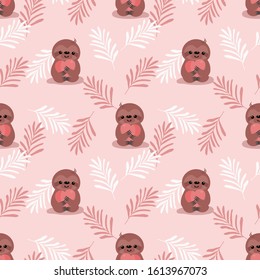 Cute sloth hold a heart on pink leaves seamless pattern. Cute animal in Valentine concept.