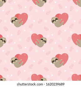 Cute sloth hold a heart on pink leaves seamless pattern. Cute animal in Valentine concept.