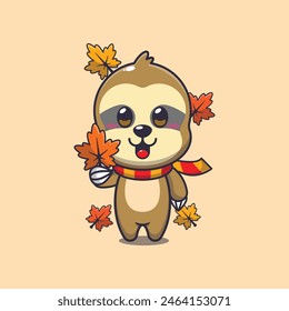 Cute sloth holding autumn leaf. Mascot cartoon vector illustration suitable for poster, brochure, web, mascot, sticker, logo and icon.