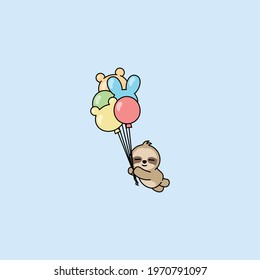 Cute sloth holding balloons cartoon, vector illustration