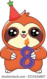 cute sloth holding birthday candle, with number 8