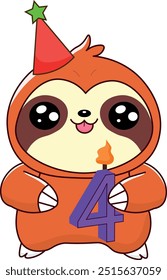 cute sloth holding birthday candle, with number 4