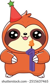 cute sloth holding birthday candle, with number 1