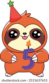 cute sloth holding birthday candle, with number 5