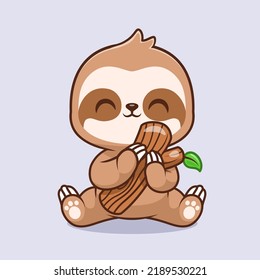 Cute Sloth Holding Branch Tree, Cartoon Vector Icon Illustration. Animal Nature Icon Concept Isolated Premium Vector. Flat Cartoon Style