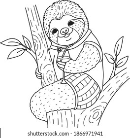 Cute sloth holding cocktail glass on the trees for coloring book, coloring page. Vector illustration