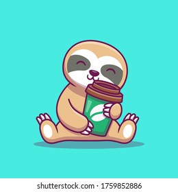 Cute Sloth Holding Coffee Cartoon Vector Icon Illustration. Animal Icon Concept Isolated Premium Vector. Flat Cartoon Style 