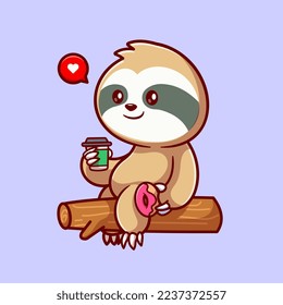 Cute Sloth Holding Coffee And Donut On Tree Cartoon Vector Icon Illustration. Animal Food Icon Concept Isolated Premium Vector. Flat Cartoon Style